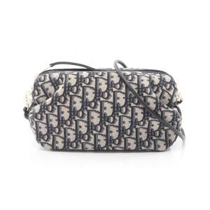 Christian Dior Bow Oblique Shoulder Bag Canvas Leather Navy Blue Beige